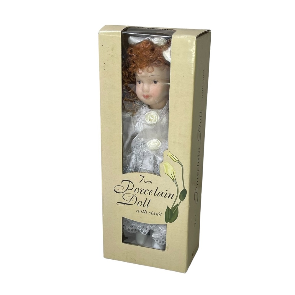 Porcelain Doll Red Hair White Dress With Display Stand